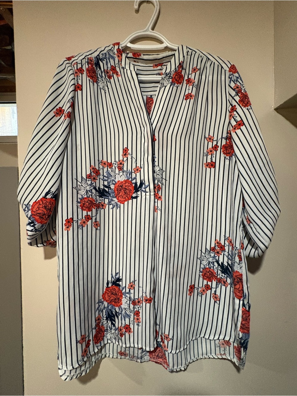 Women's White Striped Floral Blouse - Red Floral